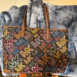 Michael Kors Multicolor MK Print Tote with Brown Leather Trim + wristlet wallet